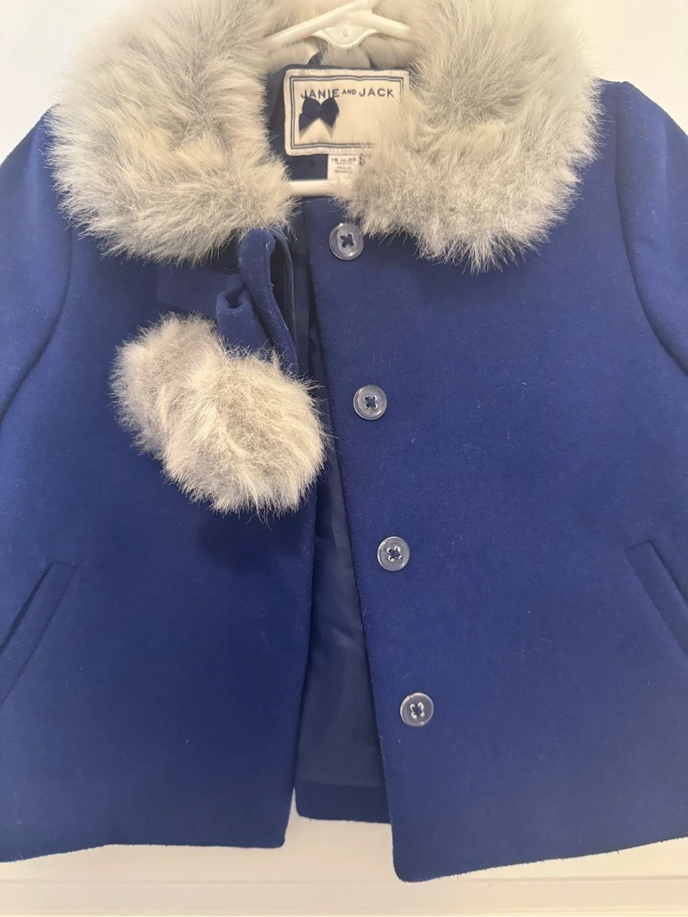 NWOT Janie and Jack Royal Blue Coat w/ Faux Fur Collar & Pom Details (12–24M) 💙